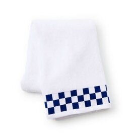Mackenzie-Childs bath towel with navy check border