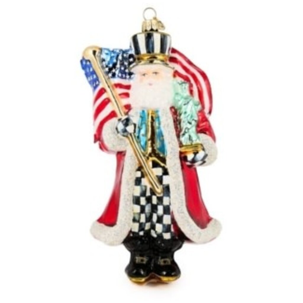 Mackenzie-Childs santa with flag glass ornament