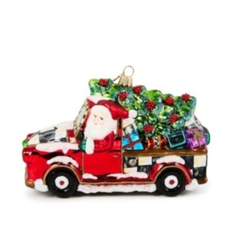 Mackenzie-Childs santa's hitting the road glass ornament