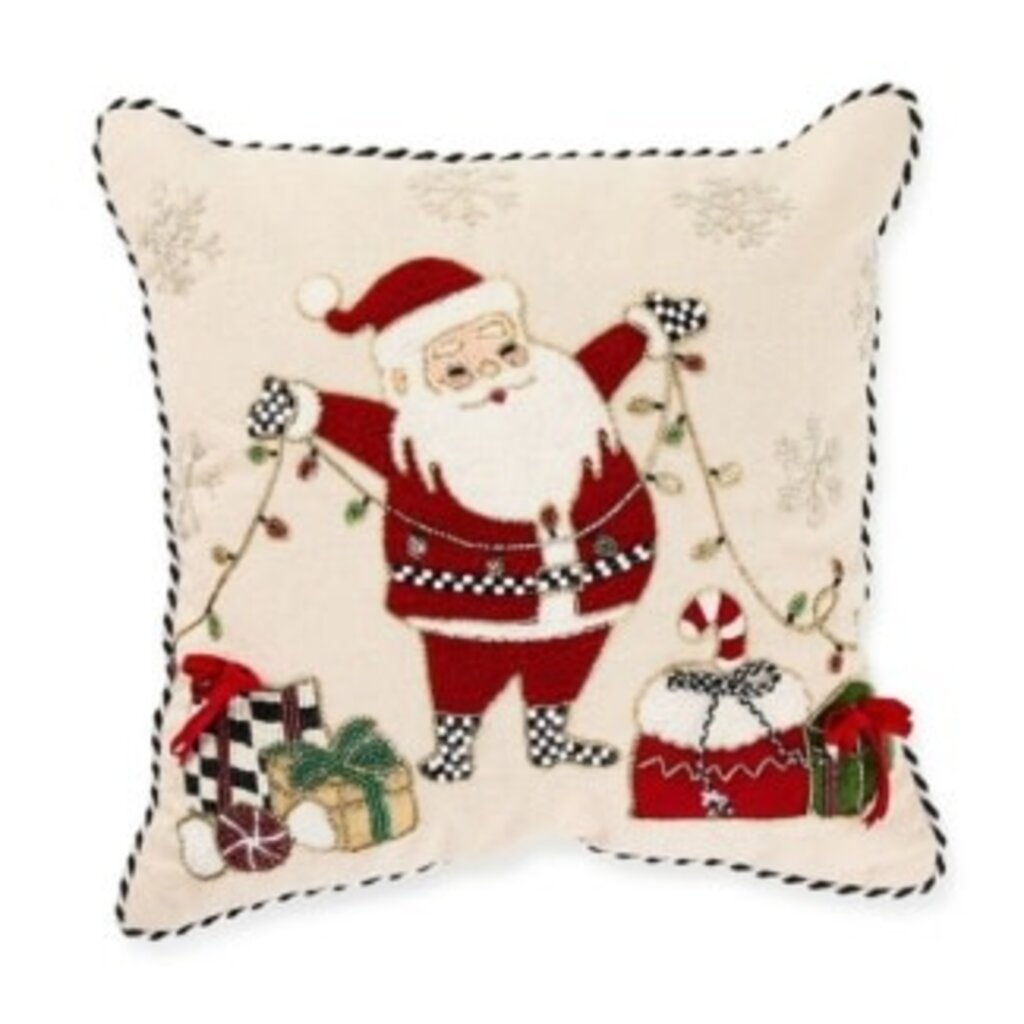 Mackenzie-Childs santa with tree lights throw pillow