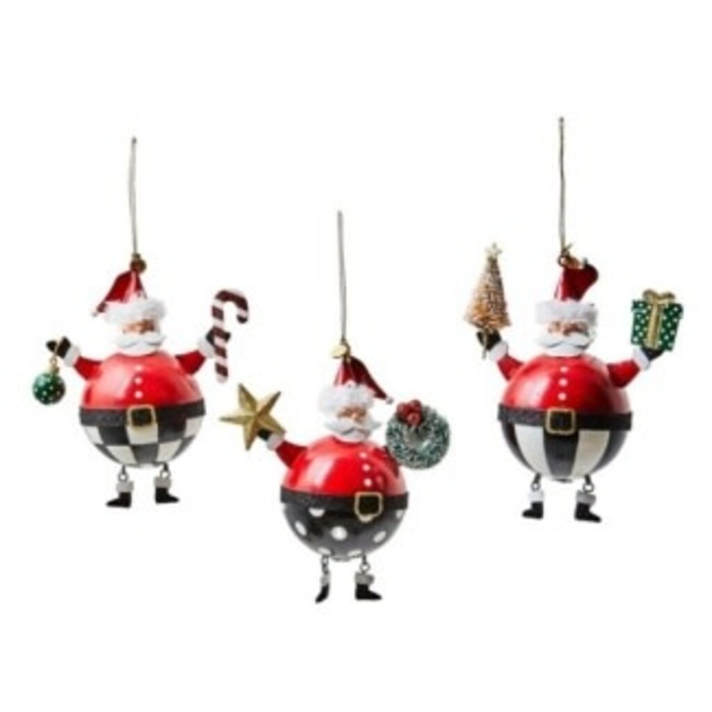 Mackenzie-Childs merry christmas tin santa ornaments, set of 3