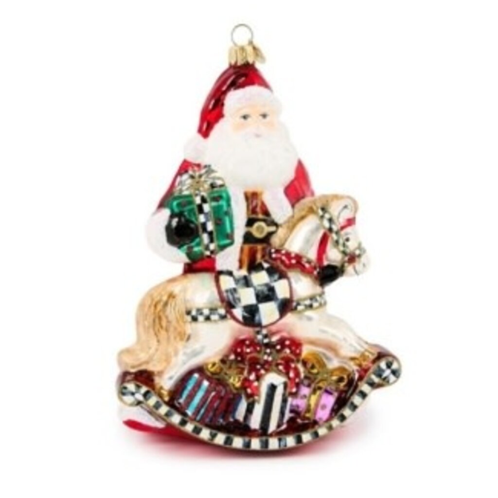 Mackenzie-Childs santa with rocking horse glass ornament