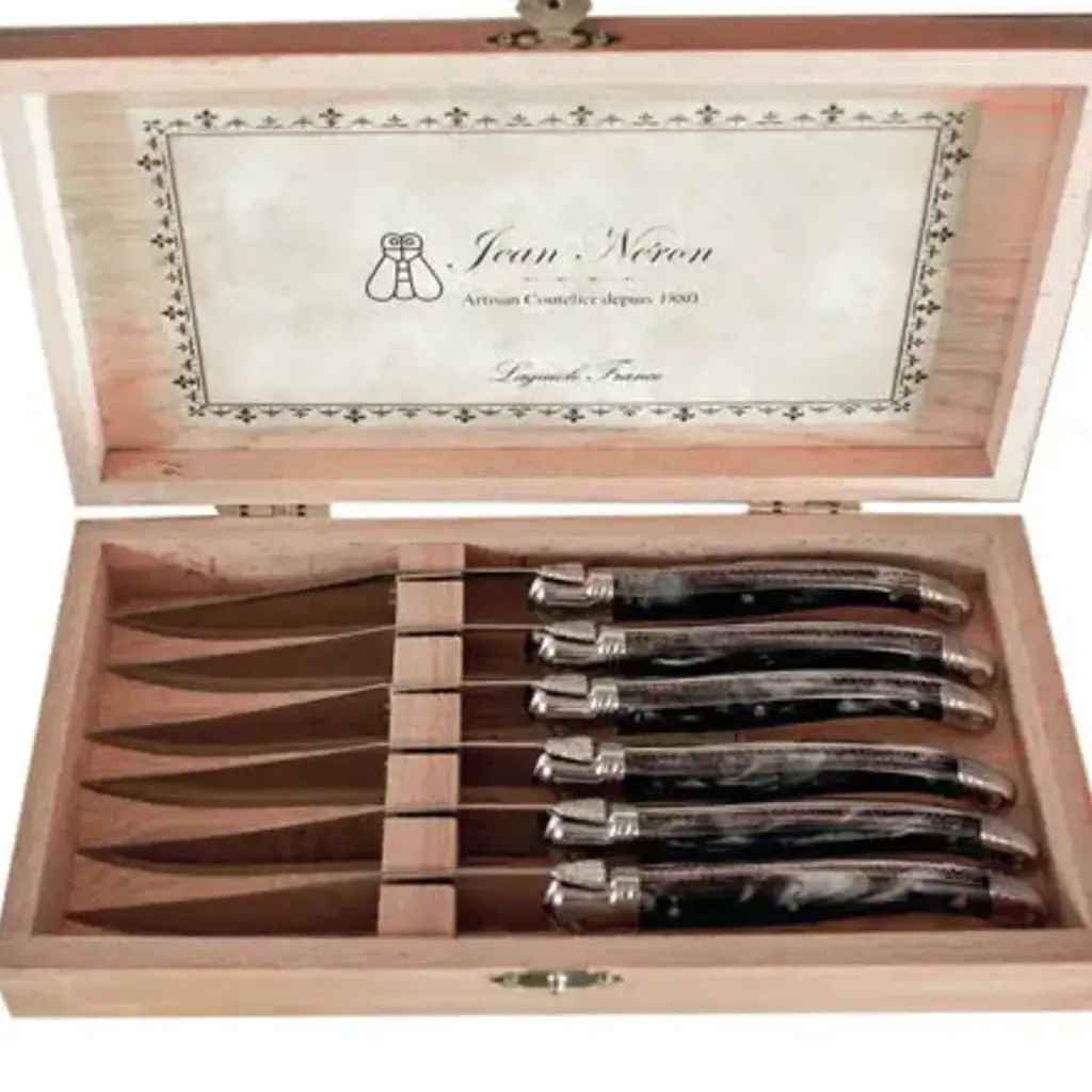 Laguiole Laguiole 6 Piece Steak Knife Set, Platine Black in Wood Box