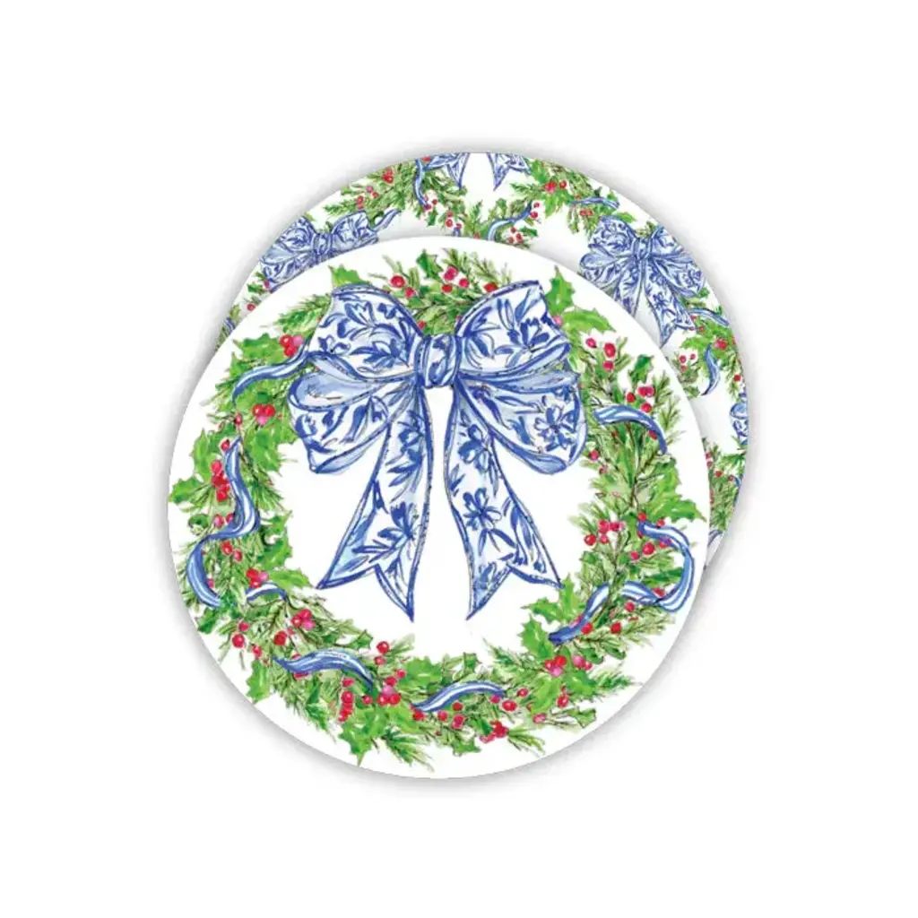 Rosanne Beck Collections Christmas Wreath with Blue Chinoiserie Bows Round Coaster