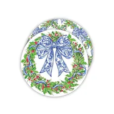 Rosanne Beck Collections Christmas Wreath with Blue Chinoiserie Bows Round Coaster