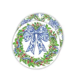 Rosanne Beck Collections Christmas Wreath with Blue Chinoiserie Bows Round Coaster