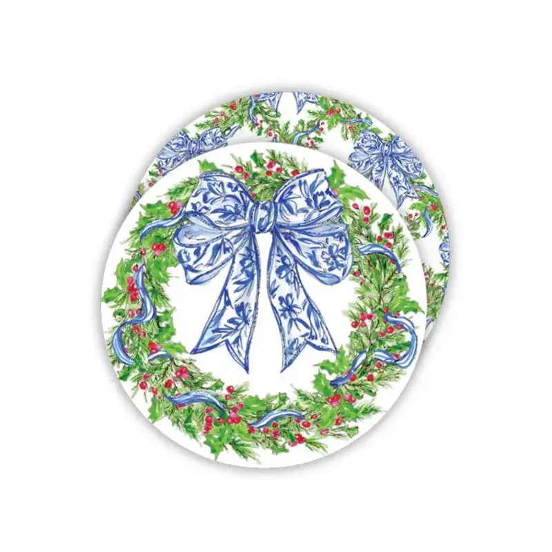 Rosanne Beck Collections Christmas Wreath with Blue Chinoiserie Bows Round Coaster
