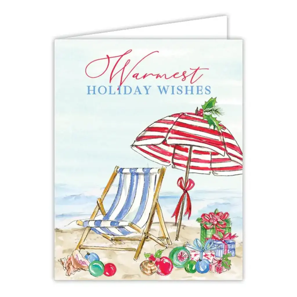Rosanne Beck Collections Greeting Card-Handpainted Warmest Holiday Wishes Ornaments and Umbrella on the Beach