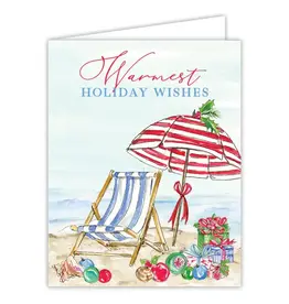 Rosanne Beck Collections Greeting Card-Handpainted Warmest Holiday Wishes Ornaments and Umbrella on the Beach