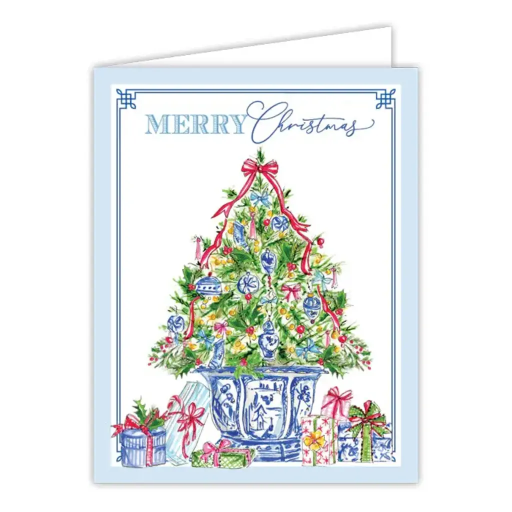 Rosanne Beck Collections Greeting Card-Handpainted Merry Christmas Tree with Blue Chinoiserie Ornaments