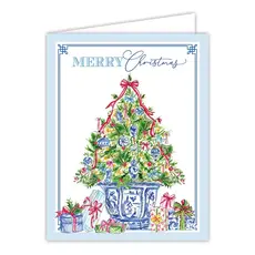 Rosanne Beck Collections Greeting Card-Handpainted Merry Christmas Tree with Blue Chinoiserie Ornaments