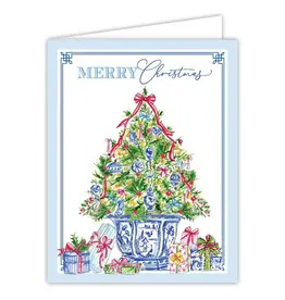 Rosanne Beck Collections Greeting Card-Handpainted Merry Christmas Tree with Blue Chinoiserie Ornaments