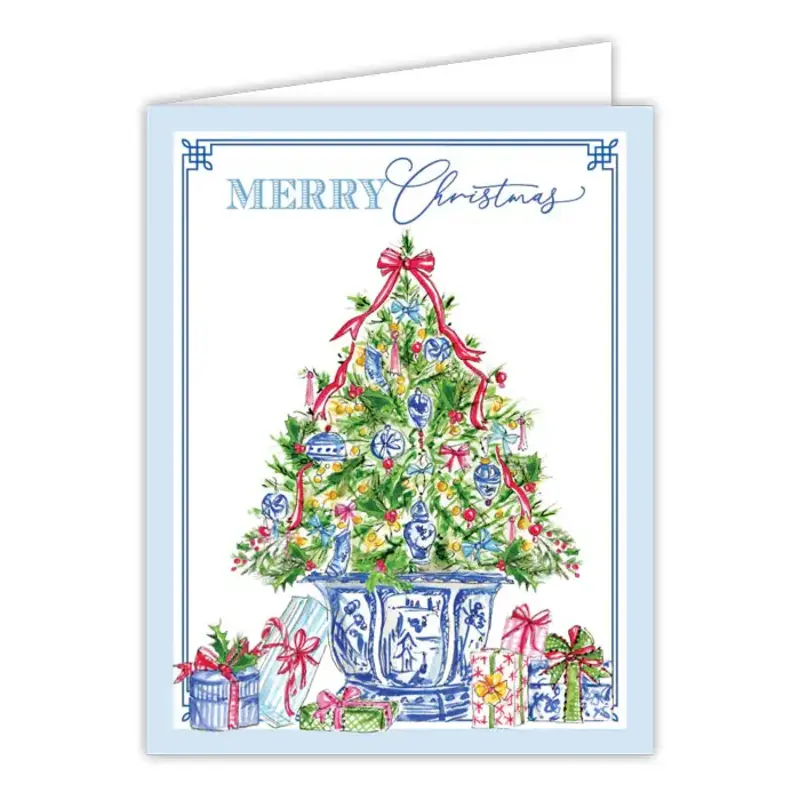 Rosanne Beck Collections Greeting Card-Handpainted Merry Christmas Tree with Blue Chinoiserie Ornaments