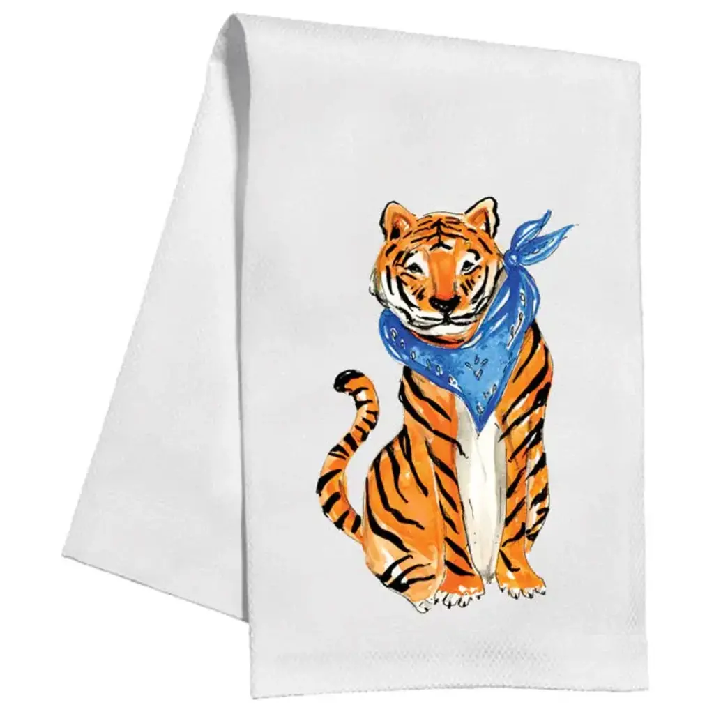 Rosanne Beck Collections Kitchen Towel-Handpainted Tiger with Blue Bandana
