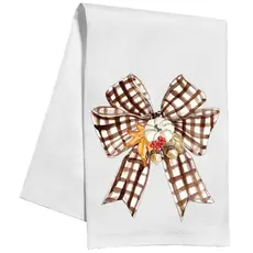 Rosanne Beck Collections Kitchen Towel-Handpainted Brown Gingham Bow with white Pumpkin and Fall Leaves