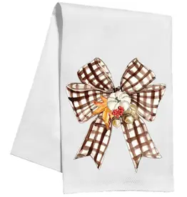 Rosanne Beck Collections Kitchen Towel-Handpainted Brown Gingham Bow with white Pumpkin and Fall Leaves
