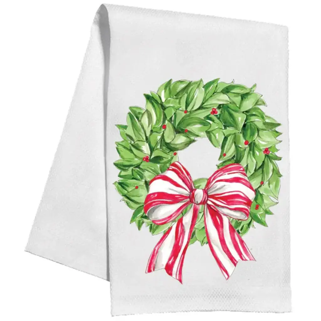 Rosanne Beck Collections Kitchen Towel-Handpainted Christmas Wreath with Berries and Red Striped Bow