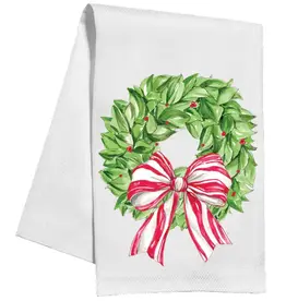 Rosanne Beck Collections Kitchen Towel-Handpainted Christmas Wreath with Berries and Red Striped Bow