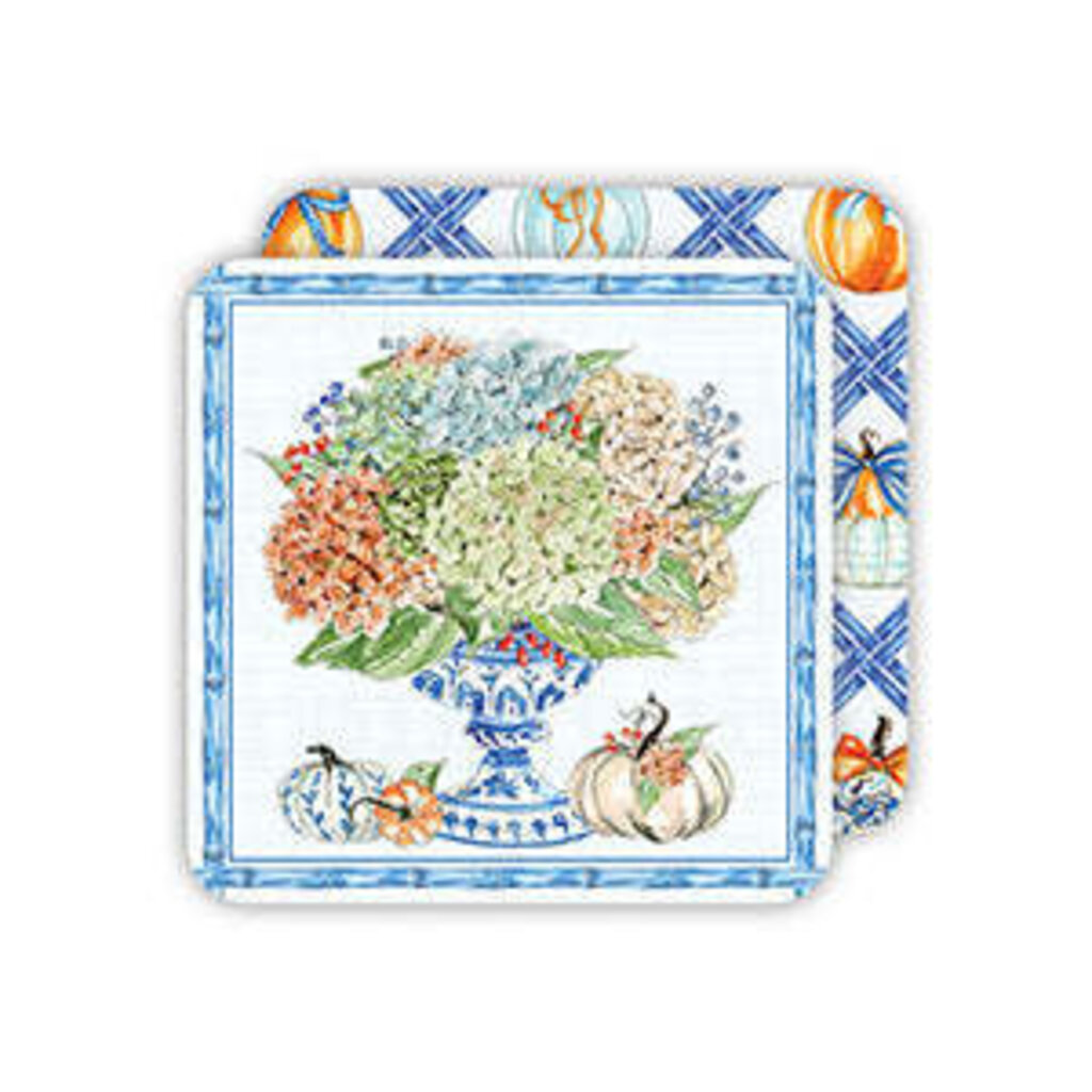 Rosanne Beck Collections Square Coaster-Handpainted Hydrangeas in Chinoiserie Pot w/Pumpkin