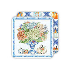 Rosanne Beck Collections Square Coaster-Handpainted Hydrangeas in Chinoiserie Pot w/Pumpkin