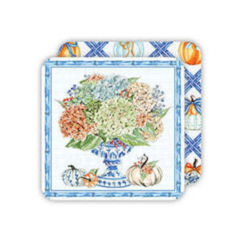 Rosanne Beck Collections Square Coaster-Handpainted Hydrangeas in Chinoiserie Pot w/Pumpkin