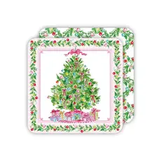 Rosanne Beck Collections Square Coaster-Handpainted Pink Christmas Tree w/ Colorful Ornament & Bows