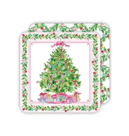 Rosanne Beck Collections Square Coaster-Handpainted Pink Christmas Tree w/ Colorful Ornament & Bows