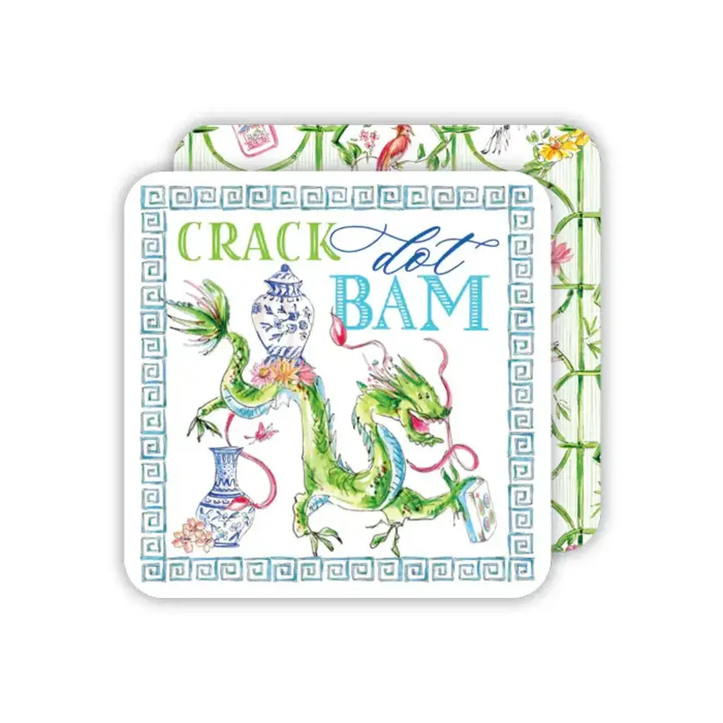 Rosanne Beck Collections Square Coaster-Handpainted Crack Dot Bam Mahjong w/ Dragon Blue Pots