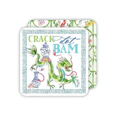 Rosanne Beck Collections Square Coaster-Handpainted Crack Dot Bam Mahjong w/ Dragon Blue Pots