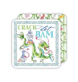 Rosanne Beck Collections Square Coaster-Handpainted Crack Dot Bam Mahjong w/ Dragon Blue Pots