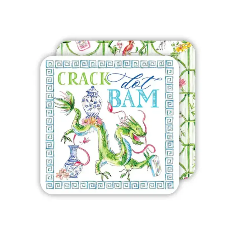 Rosanne Beck Collections Square Coaster-Handpainted Crack Dot Bam Mahjong w/ Dragon Blue Pots