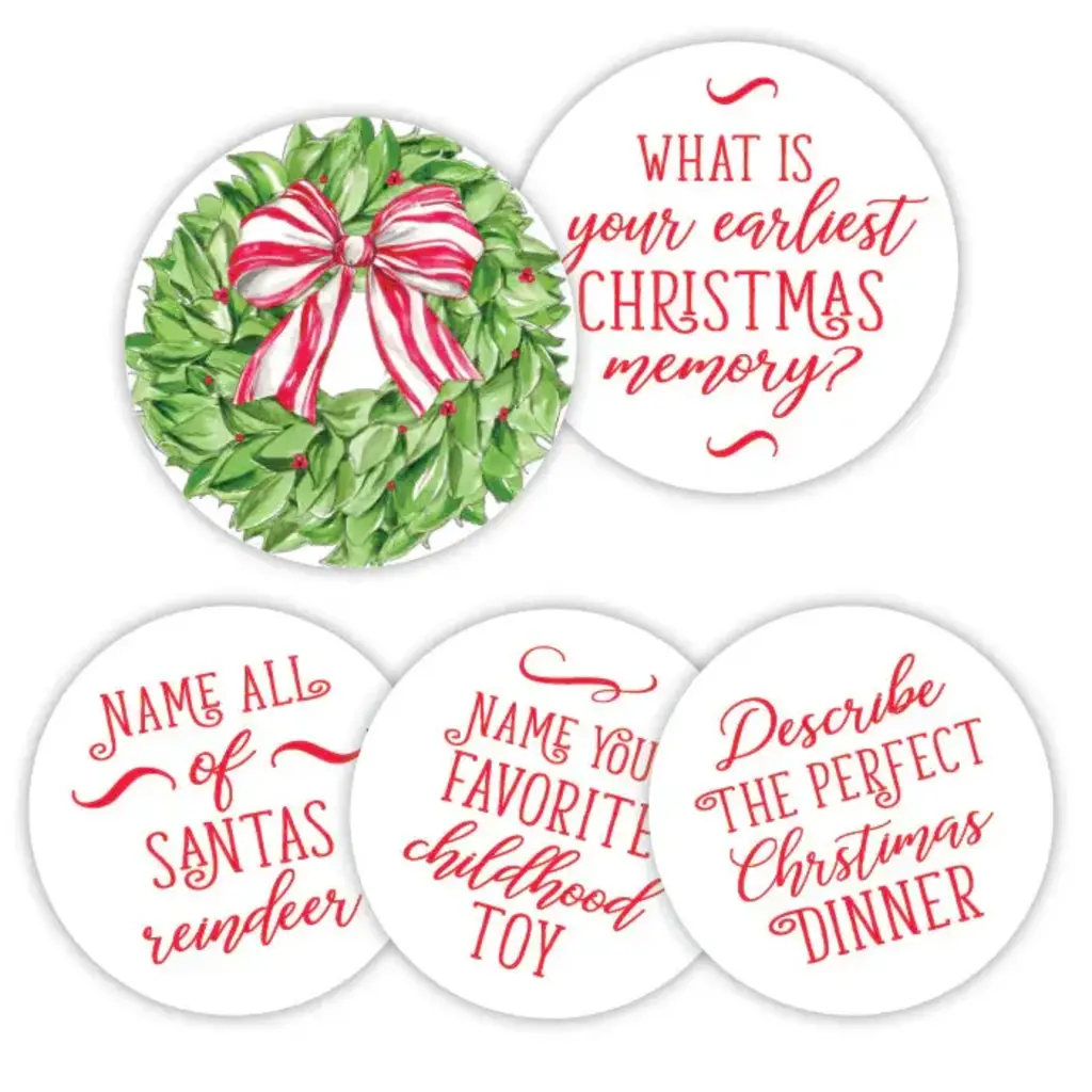 Rosanne Beck Collections Conversation Coaster-Handpainted Christmas Wreath w/Berries&Red Striped Bow