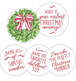 Rosanne Beck Collections Conversation Coaster-Handpainted Christmas Wreath w/Berries&Red Striped Bow