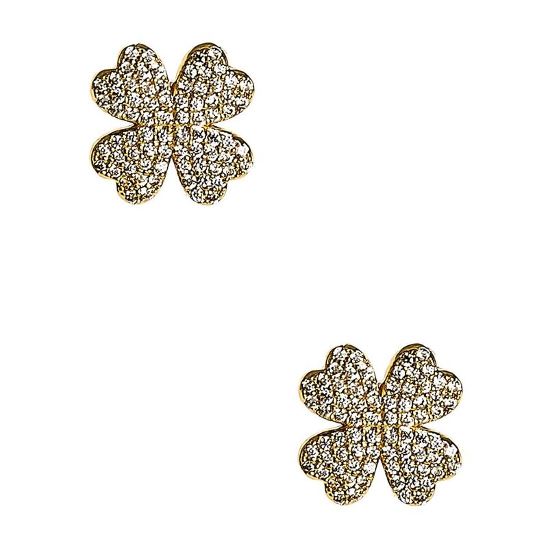 Kay Clover Stud Earrings – Gold & Rhinestone