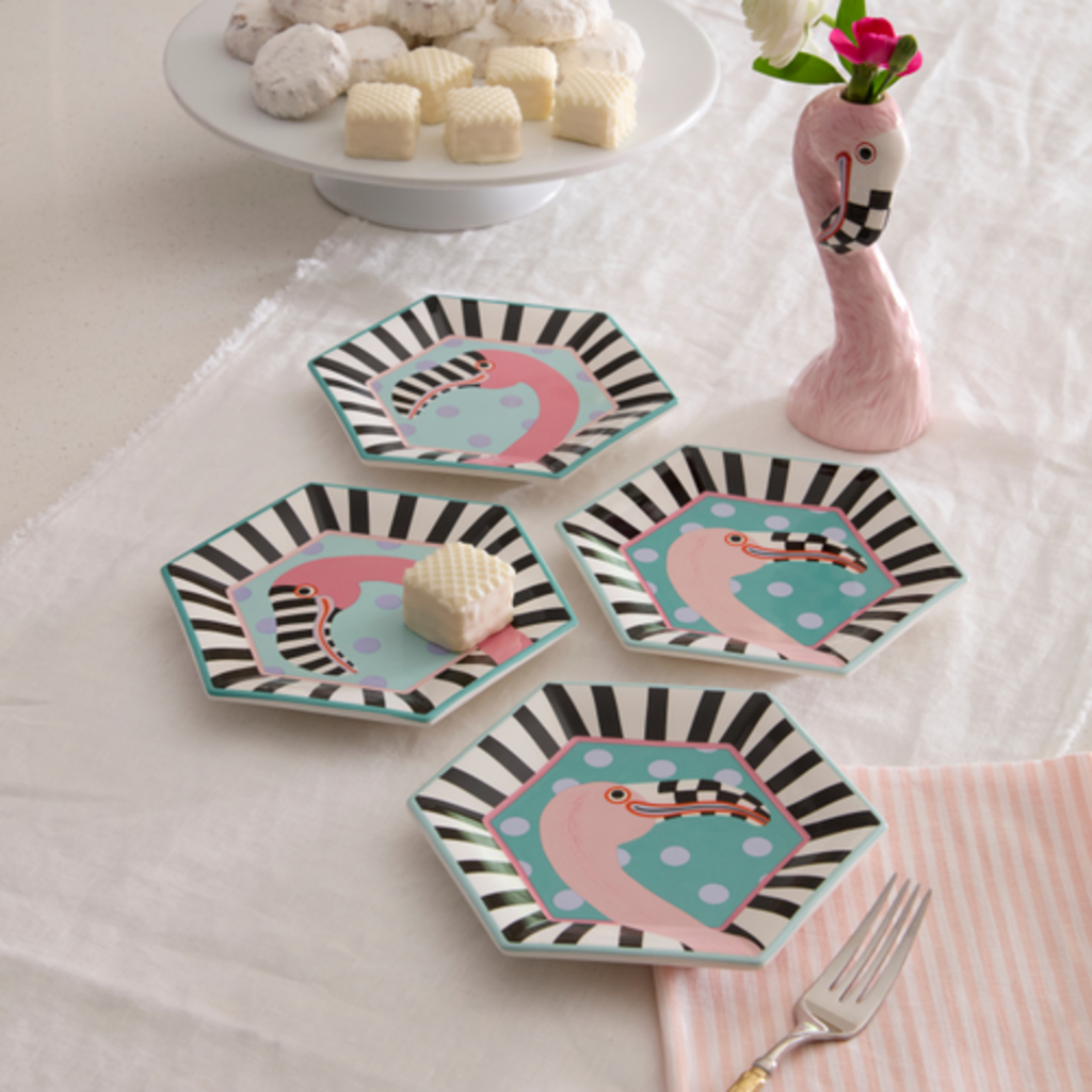 Mackenzie-Childs patience brewster flamingo dessert plates, set of 4