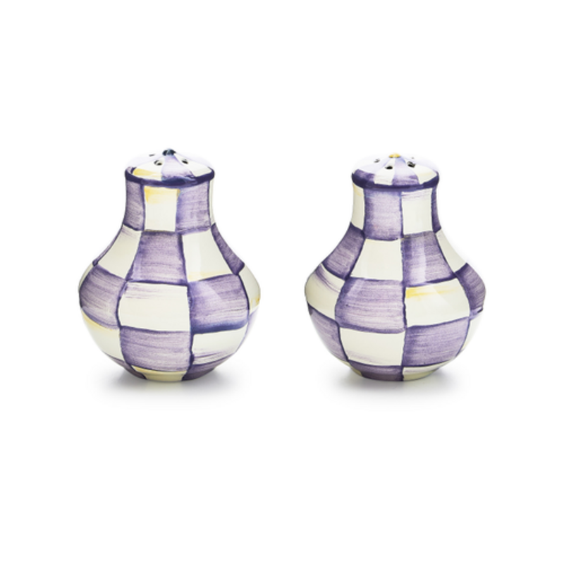 Mackenzie-Childs violet check salt & pepper shakers