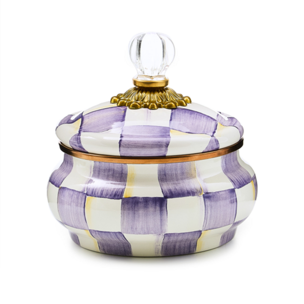 Mackenzie-Childs violet check squashed pot