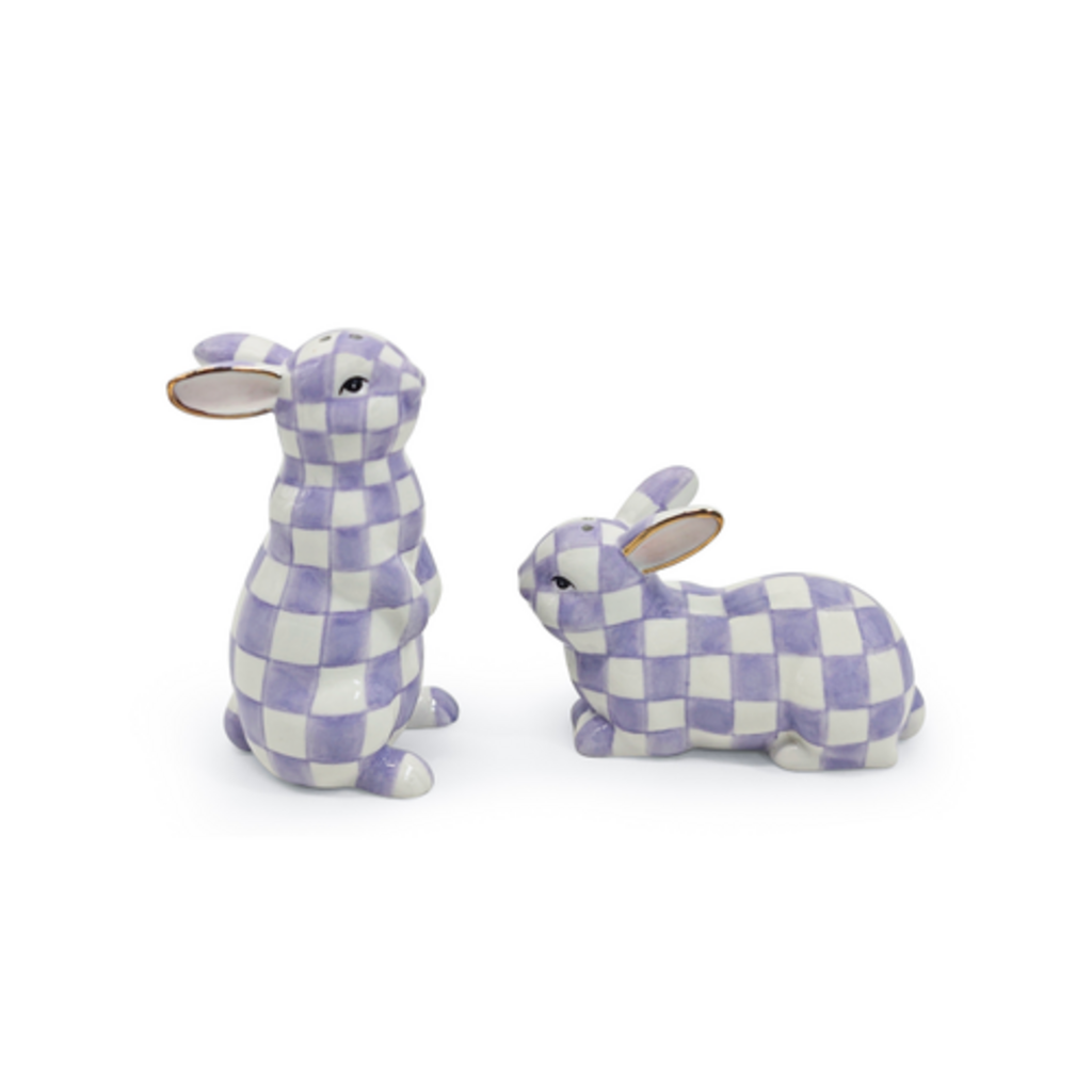 Mackenzie-Childs violet check bunny salt and pepper set
