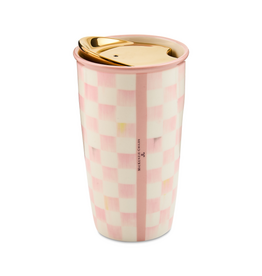 Mackenzie-Childs rosy check ceramic travel cup