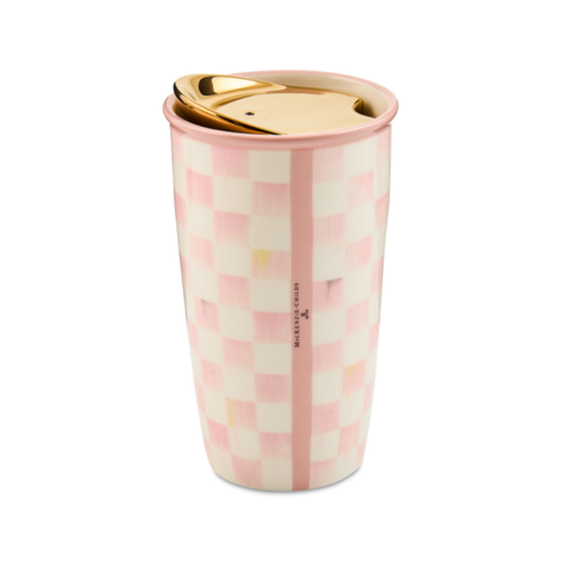 Mackenzie-Childs rosy check ceramic travel cup