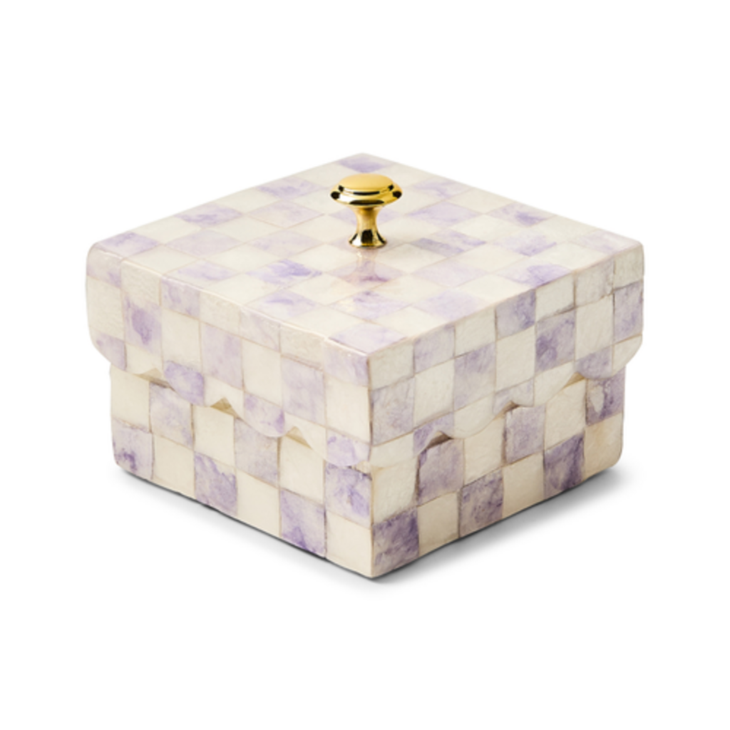 Mackenzie-Childs violet check capiz scalloped box