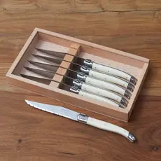 Laguiole Laguiole 6 Piece Steak Knife Set, Platine Ivory in Wood Box with Acrylic Lid