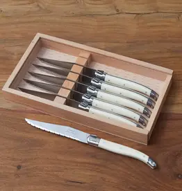 Laguiole Laguiole 6 Piece Steak Knife Set, Platine Ivory in Wood Box with Acrylic Lid