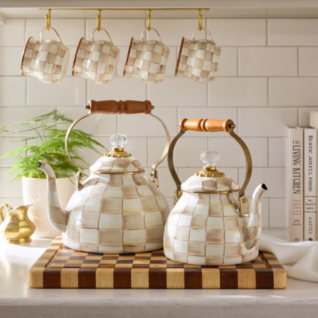 Mackenzie-Childs mocha check 3 quart tea kettle