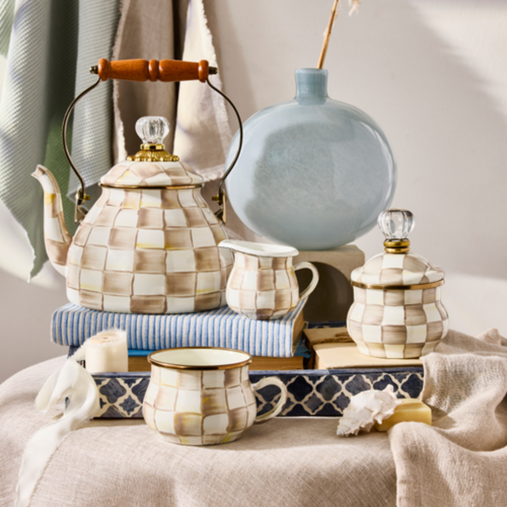 Mackenzie-Childs mocha check 2 quart tea kettle