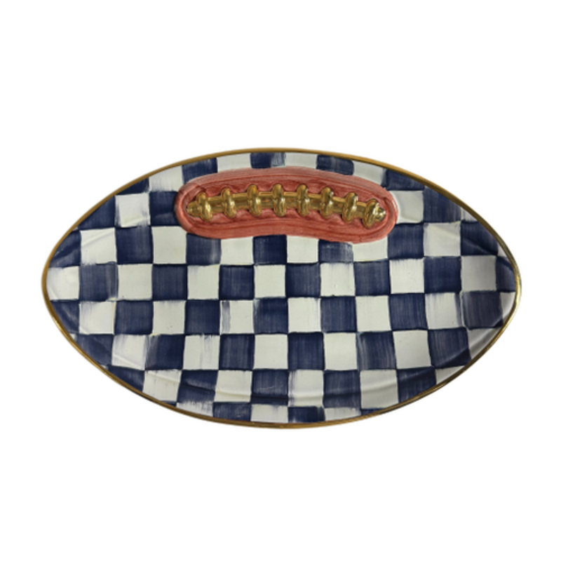 Mackenzie-Childs indigo check ceramic football platter