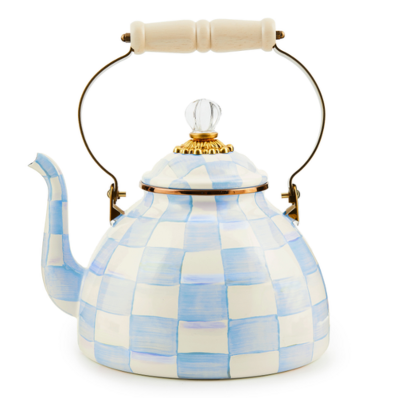 Mackenzie-Childs sky check 3 quart tea kettle