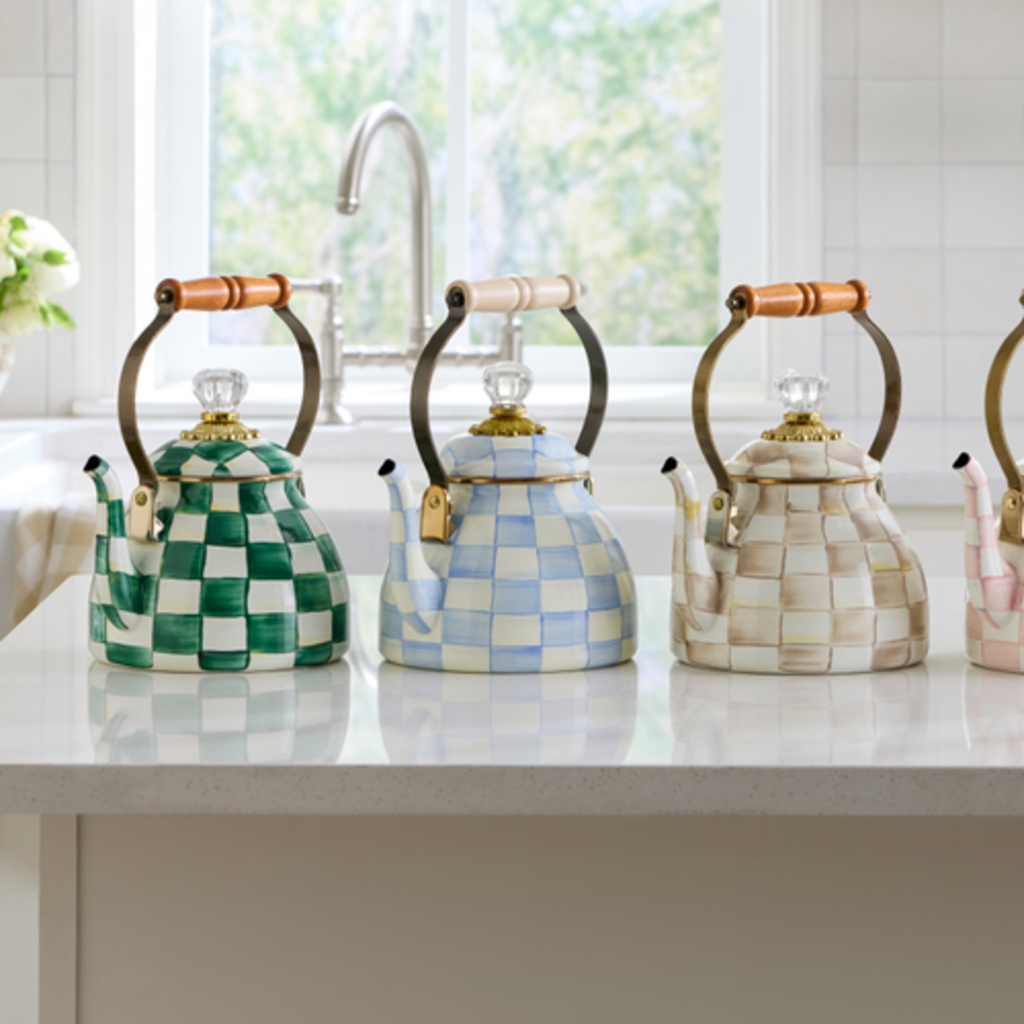 Mackenzie-Childs sky check 2 quart tea kettle