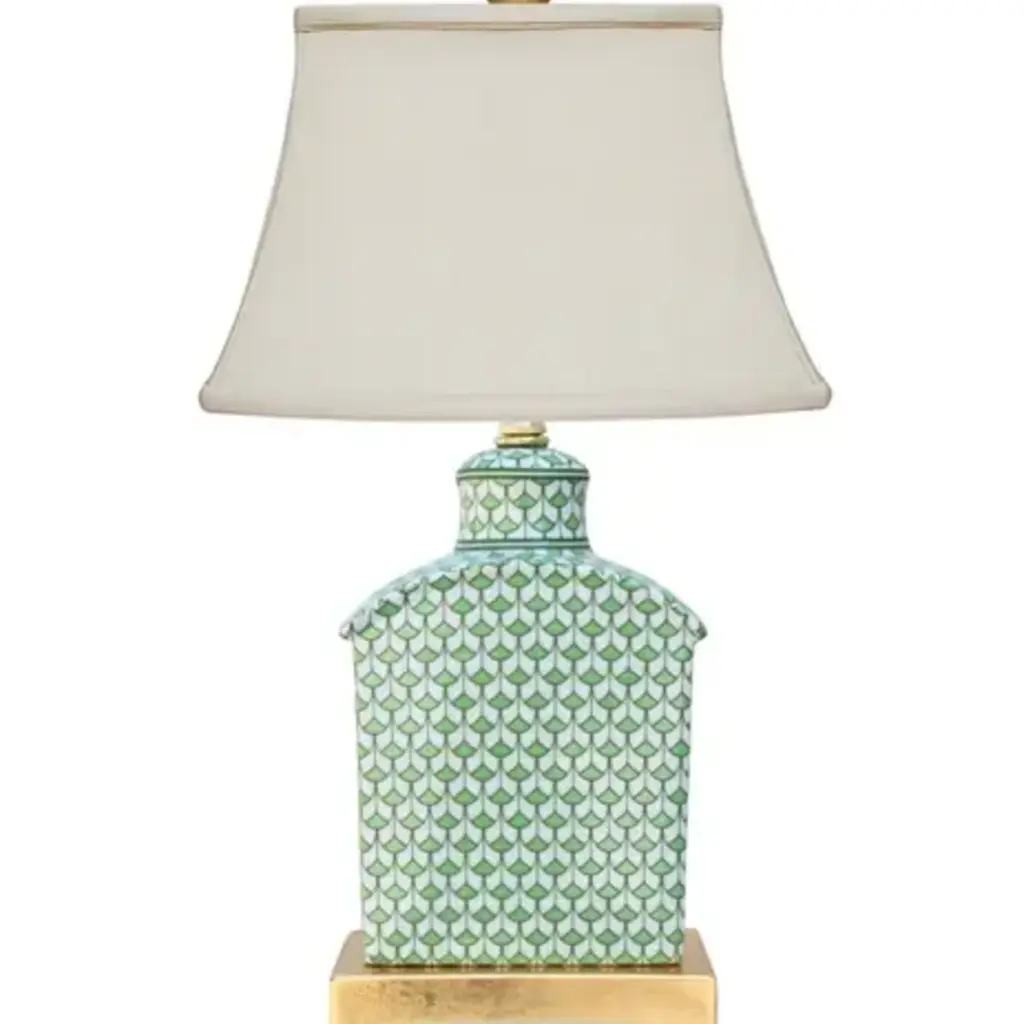 PORCELAIN GREEN FISH SCALE TEA CANDY JAR LAMP (GOLD LEAF BASE) 17.5" H 10" W