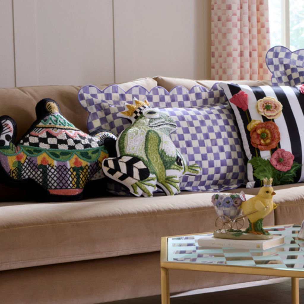 Mackenzie-Childs frog shaped throw pillow